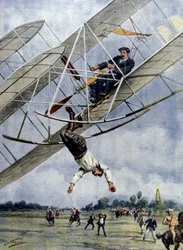 Luftens dramaer: Orville Wright og den amerikanske løytnanten Selfridge suser med flyet fra tretti meters høyde. Illustrasjon av Beltrame. La Domenica del Corriere. 1908.