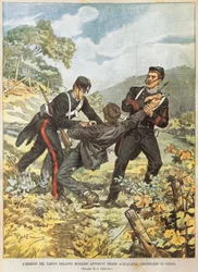 Den berømte briganden Musolino blir arrestert nær Acqualagna i distriktet Urbino, av Achille Beltrame (1871-1945), fra La Domenica del Corriere, 27. oktober 1901