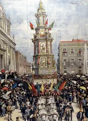 Tradisjonell siciliansk festival: en tank ledet i prosesjon til Casteltermini (Girgenti). Jeg vil. de Beltrame. Kurerens søndag. 1904.