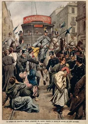 Trikkestreik i Milano, av Achille Beltrame, illustrasjon, illustratør Achille Beltrame (1871-1945), fra La Domenica del Corriere
