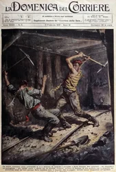 To franske og portugisiske gruvearbeidere kjemper med øksene sine i et galleri på grunn av en kjærlighetshistorie - tegning av A. Beltrame, i "La Domenica del Corriere"" 1. februar