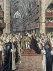 Storbritannia (1901). Kroningen av Edvard VII i Westminster Abbey. Illustrasjon av Achille Beltrame publisert i Domenica del Corriere. Stikk.