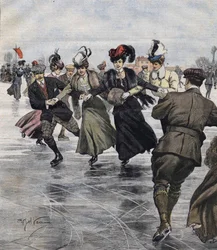 Winter fun. Skaters. illustration by Achille Beltrame in 1907.