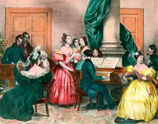 En musikalsk ettermiddag i familien Gravering av Achille Deveria (1800-1857) Gravering fra 1800-tallet. Privat samling