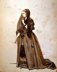 Kostymedesign for rollen som Dona Elvire i en produksjon fra 1847 av 