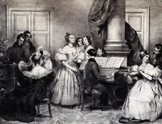 Familiekonsert med piano, av Achille Deveria (1800-1857), gravering, Frankrike
