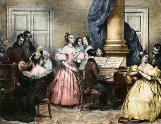 Musical Evening Party - Musical evening around the pianoforte - by Achille Deveria (1800-1857) ca. 1840