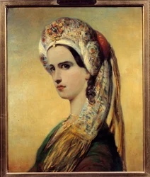 Portrett av Elisabeth Felix dit Mademoiselle Rachel (1821-1858), skuespillerinne i rollen som Roxane i stykket Bajazet"" av Jean Racine i 1838"" Maleri av Achille Deveria (1800-1857) 1838 Paris, Comedie francaise
