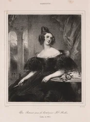Ung kvinne med en vifte ved et bord, 1835.
