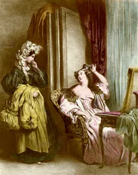 Toalettet: en elegant ung kvinne med sin tjenerinne Litografi av Achilles Deveria (1800-1857) 1800-tallssamling Particuliere