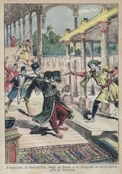 Attentatet på Naser al-Din (1831-1896), sjah av Persia (Iran), i 1896 (også kalt Naseredin Shah, Naser al-Din Shah Qajar, Nassiruddin Shah) - Illustrasjon av Achille Lemot for “Le Pèlerin” fra 1896 - Attentatet på