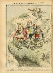 Illustrasjon av Achille Lemot (1846-1909) i Le Pèlerin, 08/09/07 - Marsjen mot avgrunnen - Sosialt, antimureri, frimureri, hær, patriotisme, blind - Émile Zola, Jean Jaurès - Blind