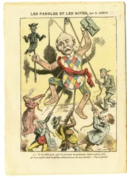 Illustrasjon av Achille Lemot (1846-1909) i Le Pèlerin, 21/03/09 - Ord og gjerninger - Antisemittisme, antimureri, England, Storbritannia, religion, tro, katolisisme - Georges Clemenceau, jøde, prester - Tingsliggjøring, reifikasjon