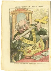 Illustrasjon av Achille Lemot (1846-1909) i Le Pèlerin, 23/05/09 - Slangen og filen - Antimureri, religion og tro, kristent kors, fabler av La Fontaine og andre, katolisisme - Sekularisering, sekularisme, lekfolk - Slanger - Animalisering