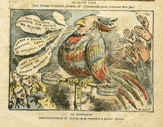 Illustrasjon av Achille Lemot (1846-1909) i Le Pèlerin, 26/01/08 - Den store påfuglen - Streik, sosialisme, Carmaux, Humanité (avis) - Jean Jaurès, papegøye
