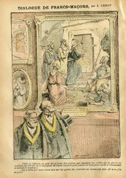 Illustrasjon av Achille Lemot (1846-1909) i Le Pèlerin, 31/03/07 - Frimurernes dialog - Kunst, antimureri, frimureri, religion, tro, katolisisme - Skille mellom kirke og stat, inventarer/reaksjoner på inventarer