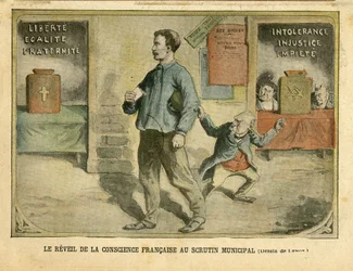 Illustrasjon av Achille Lemot (1846-1909) i Le Pelerin, 01/05/04 - Den franske samvittighetens oppvåkning til den kommunale avstemningen - Valg, Religion Tro, Bloc des lefts, Catholicism Catholique - Laicization Laicite Sekulære lover - Combes Emile ( 1835