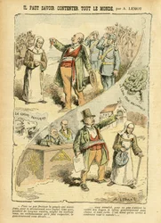 Illustrasjon av Achille Lemot (1846-1909) i Le Pèlerin, 03/09/05 - Man må vite hvordan man tilfredsstiller alle - Antiklerikalisme, antimureri, religion og tro, medalje, Venstreblokken, katolisisme - Utvisning av ordensfolk, sekularisering