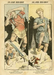 Illustrasjon av Achille Lemot (1846-1909) i Le Pèlerin, 05/11/05 - 1070 f.Kr. Jesus Kristus 1905 e.Kr. - Antimureri, religion og tro, Venstreblokken, katolisisme - Sekularisering, sekularisme, lekfolk - David, Goliat - Fortellinger og mytologi