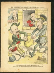 Illustrasjon av Achille Lemot (1846-1909) i Le Pelerin, 07/03/09 - Caillaux-Picard-konflikten - skattlegging, inntektsskatt - Combes Emile (1835-1921), Clemenceau George, Caillaux Joseph (1863-1944)