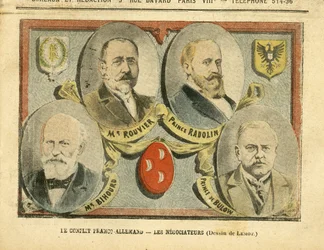 Illustrasjon av Achille Lemot (1846-1909) i Le Pelerin, 09/07/05 - Den fransk-tyske konflikten, forhandlerne - Kolonisering, kolonialisme, kolonier, Tyskland, Preussen, Marokko, Frankrike, Tanger - Maurice Rouvier (1842-1911), Bernhard von Bülow