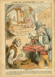 Illustrasjon av Achille Lemot (1846-1909) i Le Pelerin, 22/12/07 - Tidligere og i dag - Pensjonsarbeideres pensjoneringer, anti-parlamentarisme, religionstro, Noel, Deputertkammeret, femten tusen, parlamentarisk skadesløsholdelse, katolsk katol