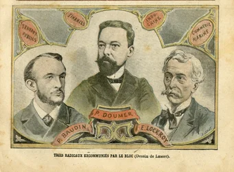 Illustrasjon av Achille Lemot (1846-1909) i Le Pelerin, 23/10/04 - Tre radikale ekskommuner av blokken - Budget Finances, President of Republic, Maritime Marine Nautique Balneaire, Bloc des lefts, Indokine, Works publics - Doumer Paul (1857–1932),