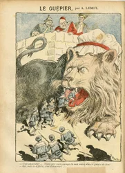 Illustrasjon av Achille Lemot (1846-1909) i Le Pelerin, 25/08/07 - Le Guepier - Krig, Tyskland Preussen, England Storbritannia, Spania, Maritime Marine Seaside - Lion/Tiger