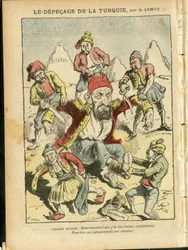 Illustrasjon av Achille Lemot (1846-1909) i Le Pelerin, 25/10/08 - Tyrkias depecage - Tyrkia, Religion Faith, Balkan, Bulgaria, Bosnia Herzegovine, Kreta, katolsk katolisisme - Abdul-Hamid II (1842-1918)