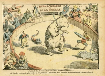 Illustrasjon av Achille Lemot (1846-1909) i Le Pelerin, 28/02/04 - Holdningen til ulike nasjoner... - Russland, den russisk-japanske krig - Émile Combes, bjørn, markedsbjørn - Animalisering, karneval/lek/sirkus