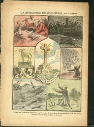 Illustrasjon av Achille Lemot (1846-1909) i Le Pelerin, 28/02/09 - Situasjonen i farger - Religion Tro, Maritime Marine Seaside, Ateisme, Ulykker Katastrofer, Naturkatastrofer, Kristent Kors, Katolsk Katolisisme - Gullkalv
