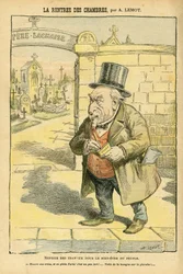 Illustrasjon av Achille Lemot (1846-1909) i Le Pelerin, 29/05/04 - La rentree des rooms - Religion Faith, Cemetery, Bloc des lefches, Mourning Obseques Funerailles, Pere Lachaise, katolsk katolisisme - Laicisering av det religiøse rom, Laicite Laiques