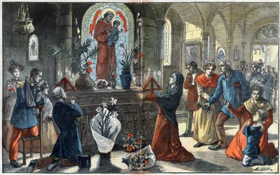 Hengivenheten til den hellige Antonius av Padua (San Antonio di Padova) gjenforener foran sitt alter alle samfunnsklasser - Illustrasjon av Achille Lemot i "" Le-Pelerin"" fra 1896