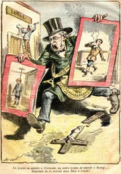Resultatene: en gymnaselev begår selvmord i Clermont, en annen i Bourg: resultater av moral uten Gud på skolen! - karikatur av Achille Lemot (1846-1909) i Le Pèlerin (1909) - motsetning mellom sekulær og religiøs undervisning (katolsk) - en tjenestemann i