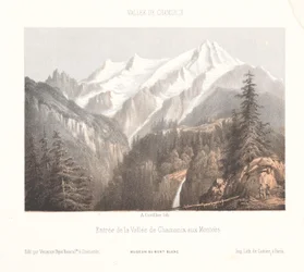 Utsikt over Chamonix med Mer-de-Glace-breen og Aiguille du Dru Chamonix, le Glacier des Bois, et le Dru (tittel på objekt) Minner om Chamonix-Mont-Blanc (serietittel) Museum du Mont-Blanc (serietittel)