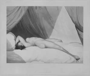 Naken liggende på en seng med gardiner [Emma Hamilton], 1. november 1797