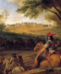 Ankomst av kong Louis XIV (1638-1715) går foran livvaktene med tanke på det gamle slottet i Versailles i 1669 Maleri av Adam Franz Van der Meulen (1632-1690) Rundt 1669 Søn. 0,56x0,56 m