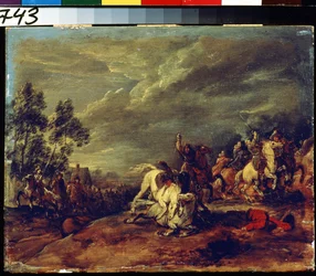 Slag. En kamp. Maleri Adam Frans van der Meulen (1632-1690). Olje på tre. Flamsk kunst, barokkstil. Pushkin Museum of Fine Arts, Moskva.