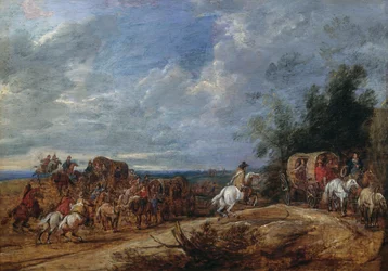 Brigands angriper tog av vogner, maleri av Adam Frans van der Meulen