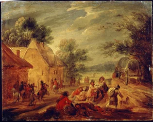 Ryttere angriper en landsby. Maleri av Adam Frans van der Meulen (1632-1690). Olje på tre. Flamsk kunst, barokkstil. Pushkin Museum of Fine Arts, Moskva.