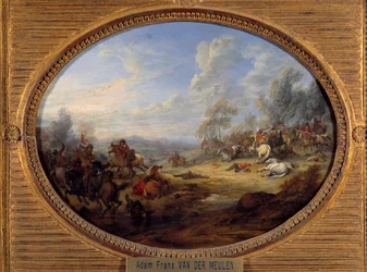 Kavalerisjokk Et slag under Ludvig XIVs styre. Maleri av Adam Van der Meulen (1632-1690) Søn. 0,2x0,27 m