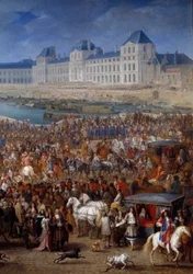 Gårdsplass og jævler. Høyre detalj av Ludvig XIV (1638-1715) som krysser Pont Neuf i sin vogn. Maleri av Adam Francois Van Der Meulen (1632-1690)