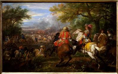 Beseiret den spanske hæren nær Brugge-kanalen 31. august 1667. Kongen av Frankrike Ludvig XIV, på en hvit hest, er omringet av sine generaler: Francois de Crequy (1629-1687) og prins Ludvig II av Bourbon-Conde (Bourbon Conde) ) kalt Grand Conde (16
