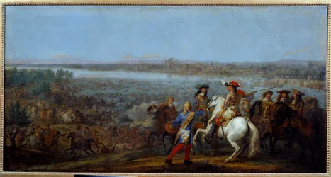 Holland-krigen: "" passasjen av Rhinen den 12.06.1672"" Hærene til kong Ludvig XIV (1638-1715) og Ludvig II av Bourbon, prins av Conde (Bourbon-Conde) (Grand Conde) (1621- 1686) passerer Rhinen til Tolhuis. Maleri av Adam Frans van der Meulen (1632-90) M