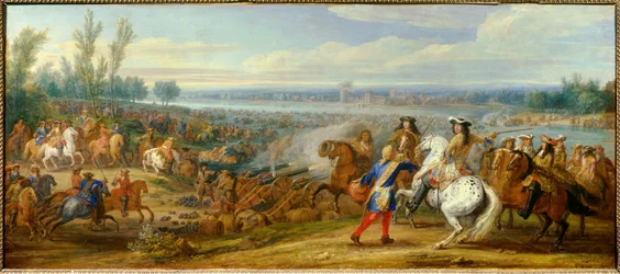 Holland-krigen: "" passasjen av Rhinen den 12.06.1672"" Hærene til kong Ludvig XIV (1638-1715) og Ludvig II av Bourbon, prins av Conde (Bourbon-Conde) (Grand Conde) (1621- 1686) passerer Rhinen til Tolhuis. Maleri av Adam Frans van der 