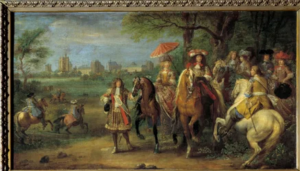 Kong Ludvig XIV (1638-1715) og dronning Marie-Therese av Østerrike (1638-1683) går foran slottet i Vincennes i 1669 Maleri av Adam Frans Van der Meulen (1632-1690)