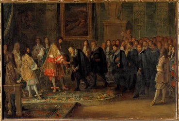 Kong Ludvig XIV tar imot sveitsiske ambassadører ved Louvre 11/11/1663 Maleri av Adam Van der Meulen (1632-1690) 1664 Søn. 0,44x0,66 m
