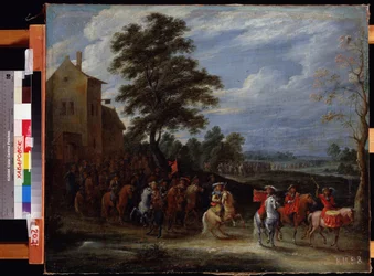 Kavaleriregiment som passerer over et område (Kavaleriregimentet tar feltet). Maleri av Adam Frans van der Meulen (1632-1690). Olje på lerret, 65 x 78,5 cm, flamsk kunst, barokkkunst. Far Eastern Museum, Khabarovsk. ©FineArtImage/Leemage
