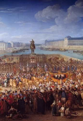 Kongelig vogn. Sentral detalj av Louis XIV (1638-1715) som krysser Pont Neuf i sin vogn. Maleri av Adam Francois Van Der Meulen (1632-1690)