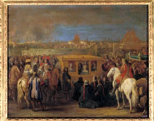 Høytidelig innreise av kong Ludvig XIV (1638-1715) og dronning Marie-Therese av Østerrike til Douai 23.08.1667 (dronningen i vognen hennes mottar hyllesten av byens dinginer som deres suzerain) Maleri av Adam Frans Van der Meulen (1632-1690). Omtrent 1667
